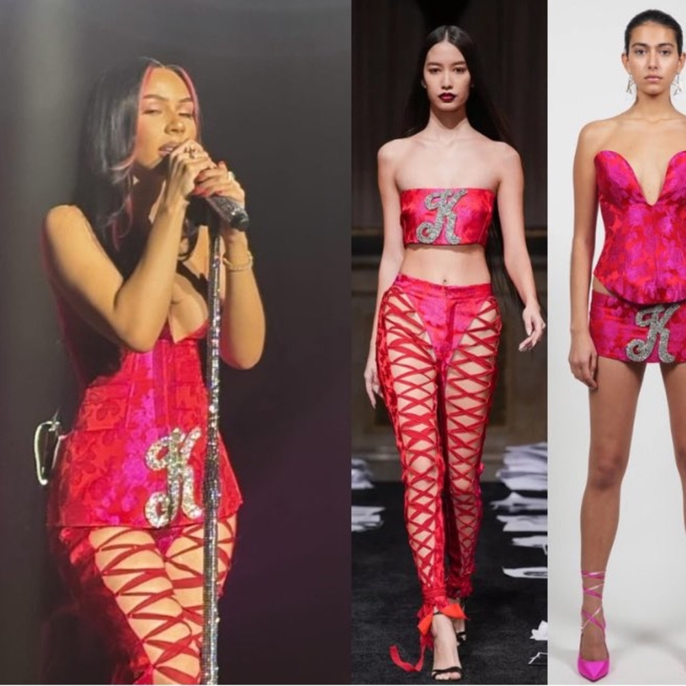 Kim Shui Vibrant Red and Pink Lace-Up Bandeau Set